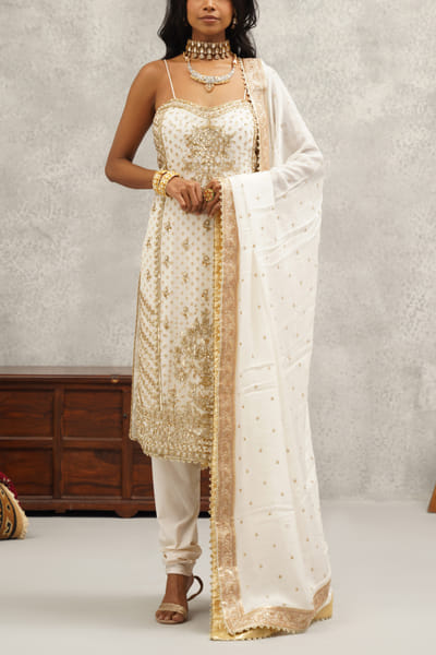 White floral embroidered banarasi kurta set