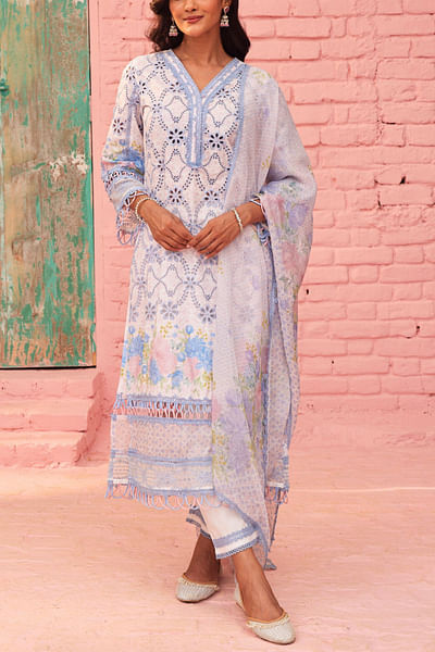 White floral embroidered kurta set