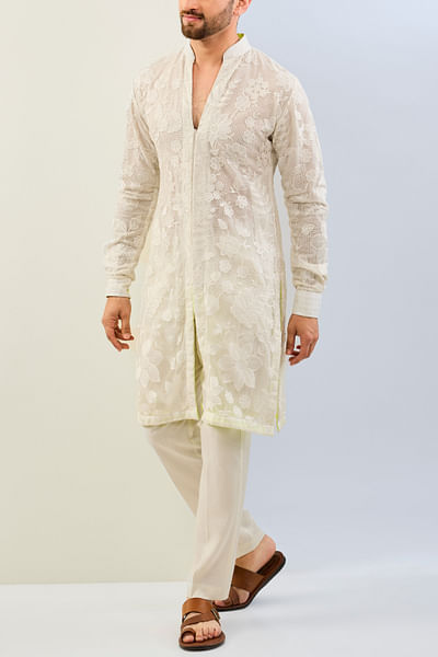 White floral embroidered kurta set