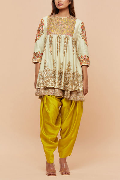 White floral embroidered layered kurta set