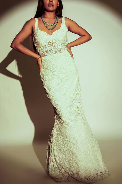 White floral embroidered mermaid gown