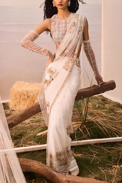 White floral embroidered pre-stitched sari set