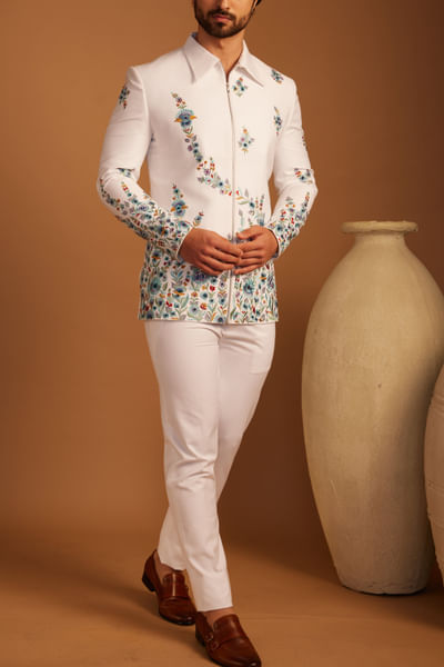 White floral embroidered jacket set