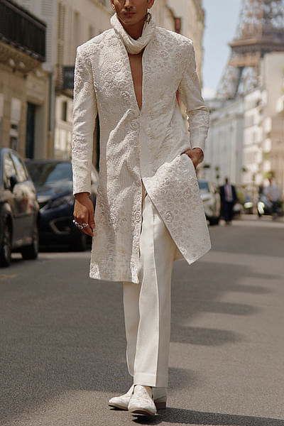 White floral embroidered sherwani set