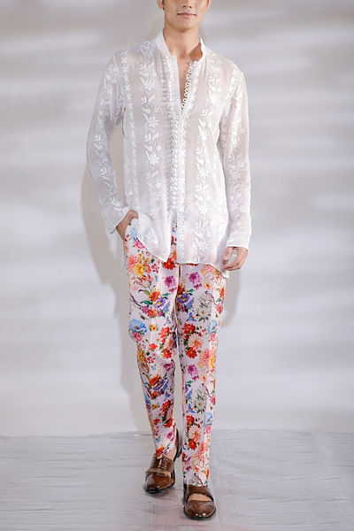 White floral embroidered shirt kurta