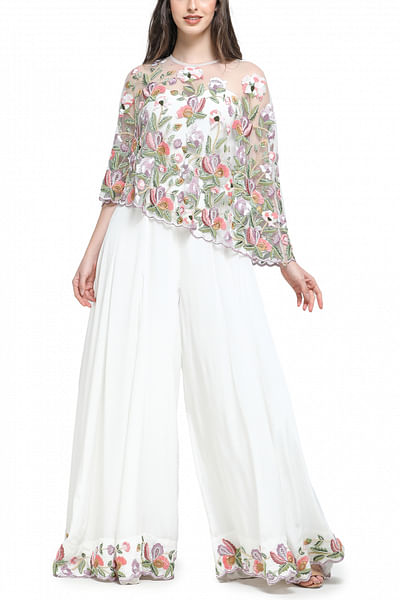White floral embroidery cape and jumpsuit