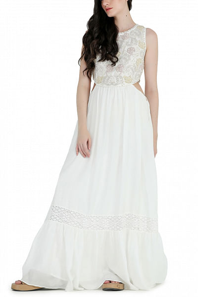 White floral embroidery midi dress
