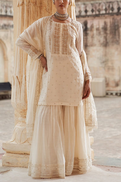 White floral gota work kurta and sharara set