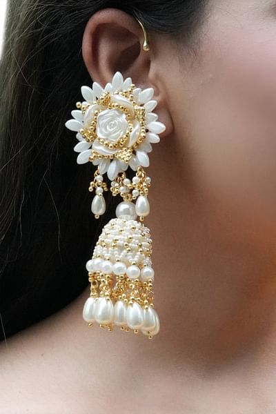 White floral pearl and bead cuff jhumkas