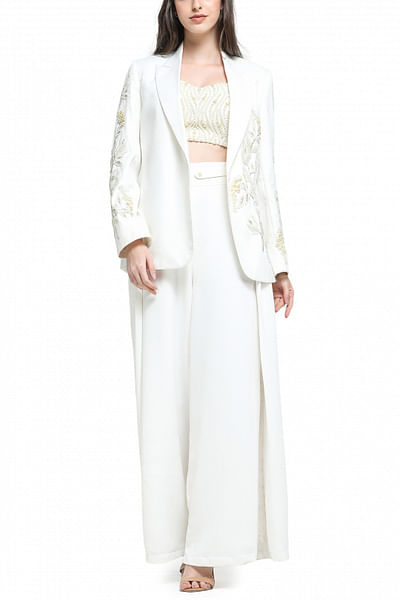 White floral pearl embroidered jacket set