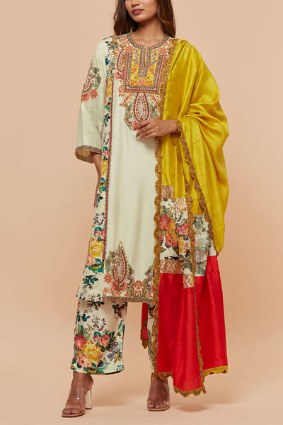 White floral print embroidered kurta set