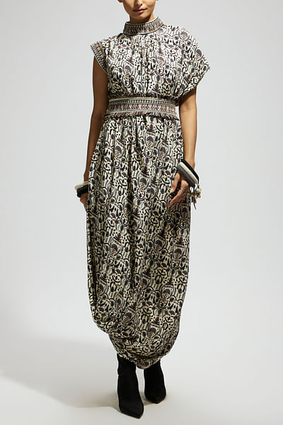 White floral printed draped dress