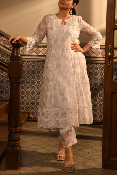 White floral printed embroidered anarkali set