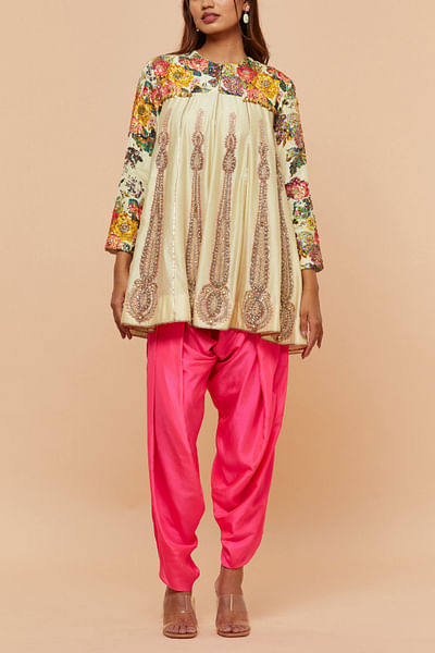 White floral printed embroidered kurta set