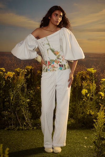White floral printed one shoulder denim top