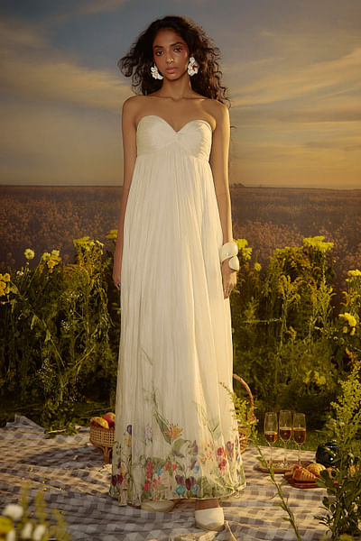 White floral printed ruched gown