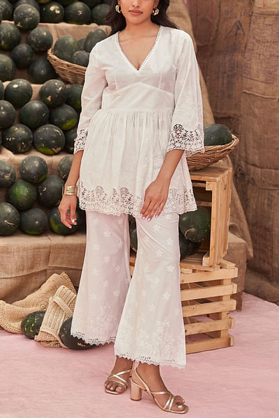 White floral self embroidered co-ords