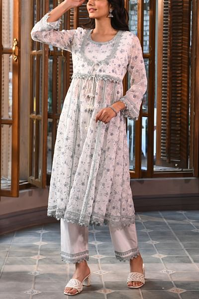 White floral thread embroidered anarkali set