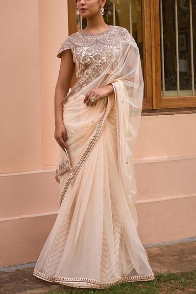 White floral tilla embroidered sari set
