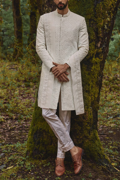 White geometric embroidered sherwani set