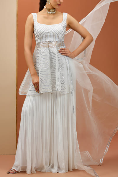 White gota work peplum sharara set