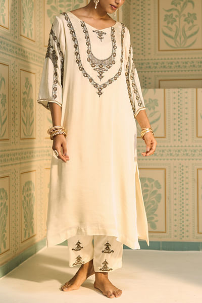 White hand embroidered kurta set