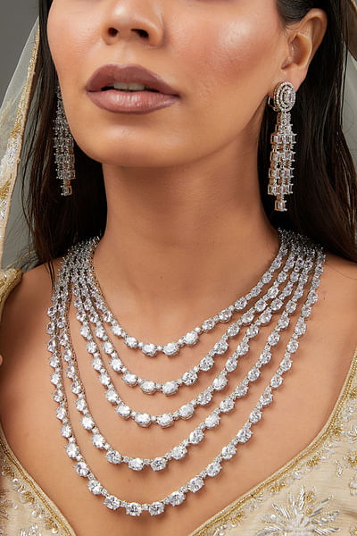 White layered faux diamond long necklace set