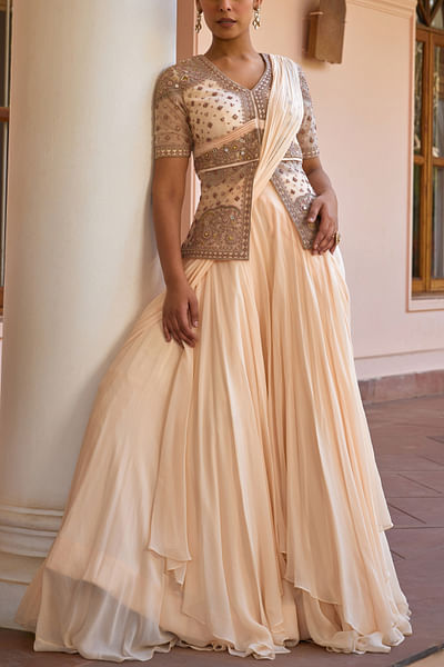 White layered pre-draped lehenga sari set