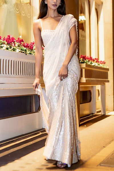 White mirror embellished pre-draped sari set