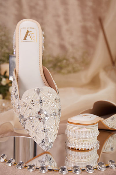 White mirror embroidered mule heels