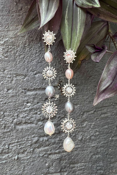 White moissanite and pearl danglers