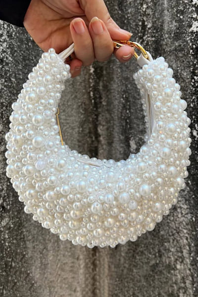 White pearl and crystal crescent mini handbag
