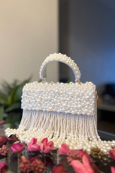 White pearl and crystal tasselled box clutch