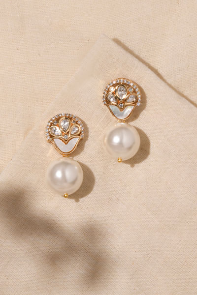 White pearl and cubic zirconia drop earrings