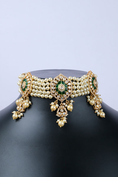 White pearl and moissanite polki choker set