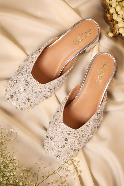 White pearl embellished mule heels