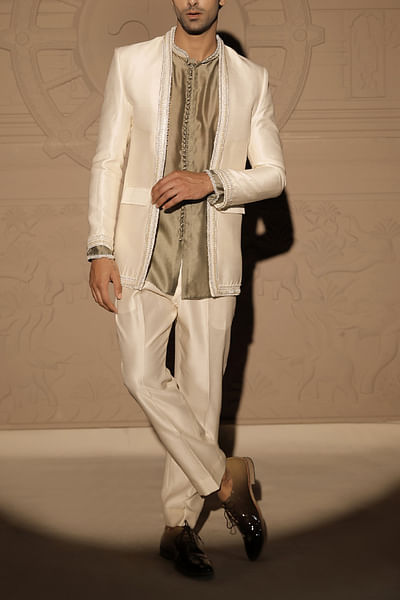 White pearl embroidered jacket and kurta set