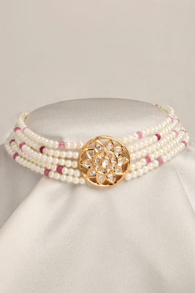 White pearl kundan and polki layered choker