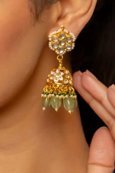 Shlok Jewels White pearl kundan and stone jhumkas SHJMAY24D1033