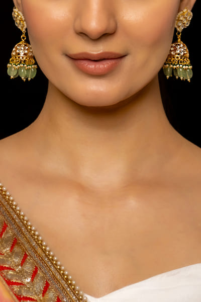 Shlok Jewels White pearl kundan and stone jhumkas SHJMAY24D1033