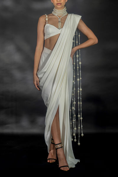 White pearl stringed pre-draped sari set