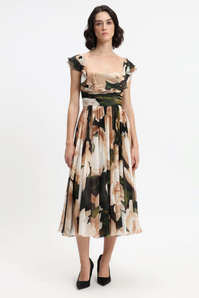 White peonies printed midi dress