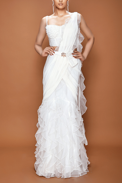 White pre-stitched ruffle sari set