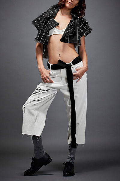 White printed denim belted crop trousers
