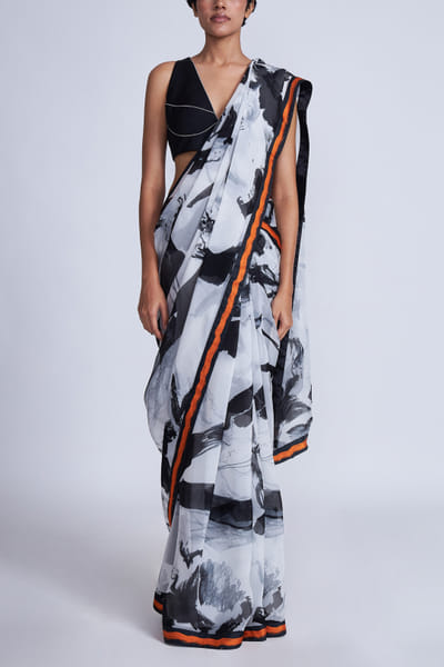 Advait White printed organza sari AVTJAN24D216