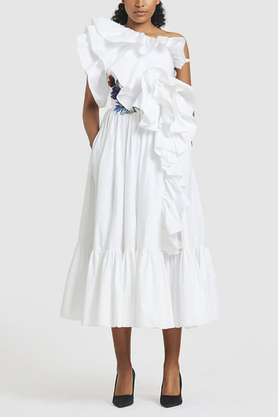 White ruffled embroidered midi dress