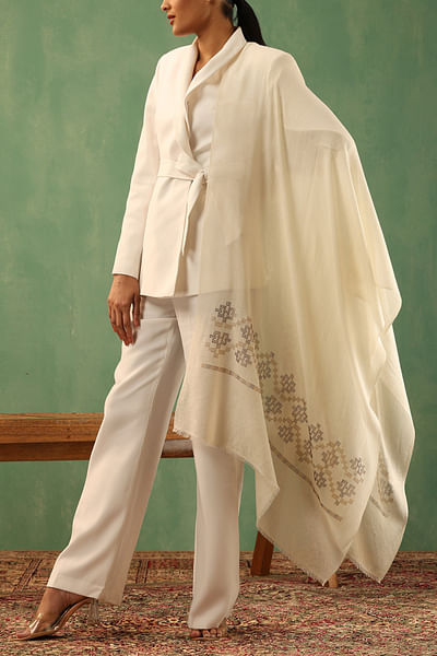 White stone embellished cashmere wool stole