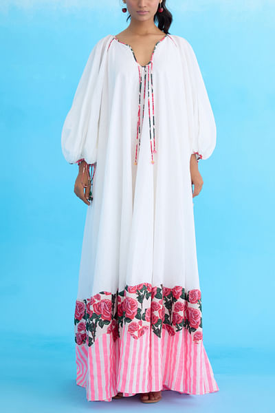 White stripe and vintage rose print maxi dress