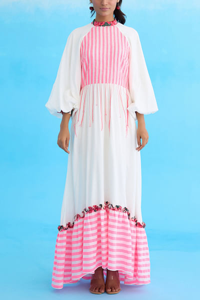 White stripe printed tiered maxi dress