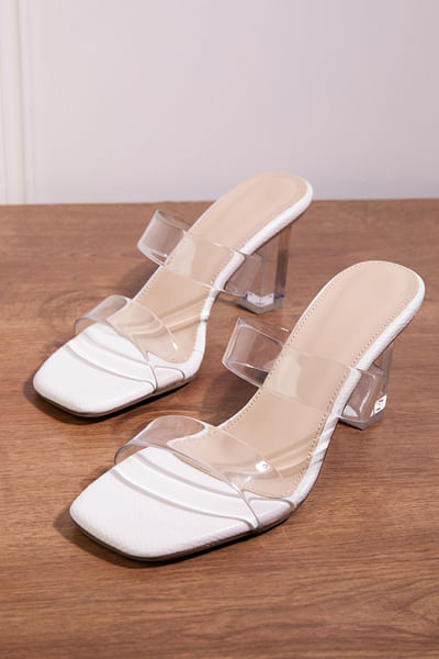 White transparent block heels